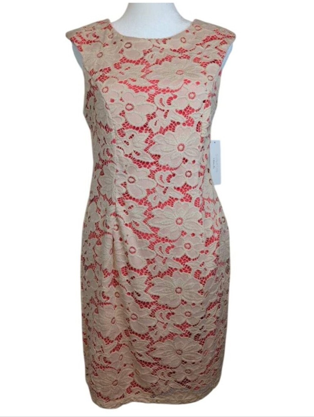 Signature By Robbie Bee Lace Overlay Sleeveless Dress Ivory Coral Pink Size 8